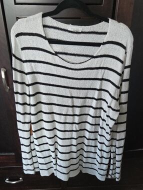 August Mist Cream Black Striped Open Stitch Lightweight Knit Sweater Sz XL